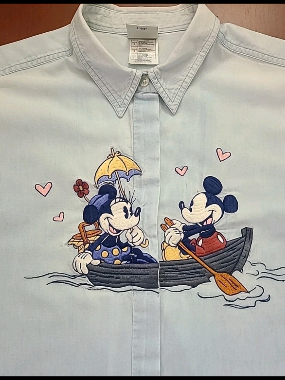 VTG Disney Store Large Embroidered Denim Shirt Mickey/ Minnie Mouse Rowing Boat - Picture 2 of 15